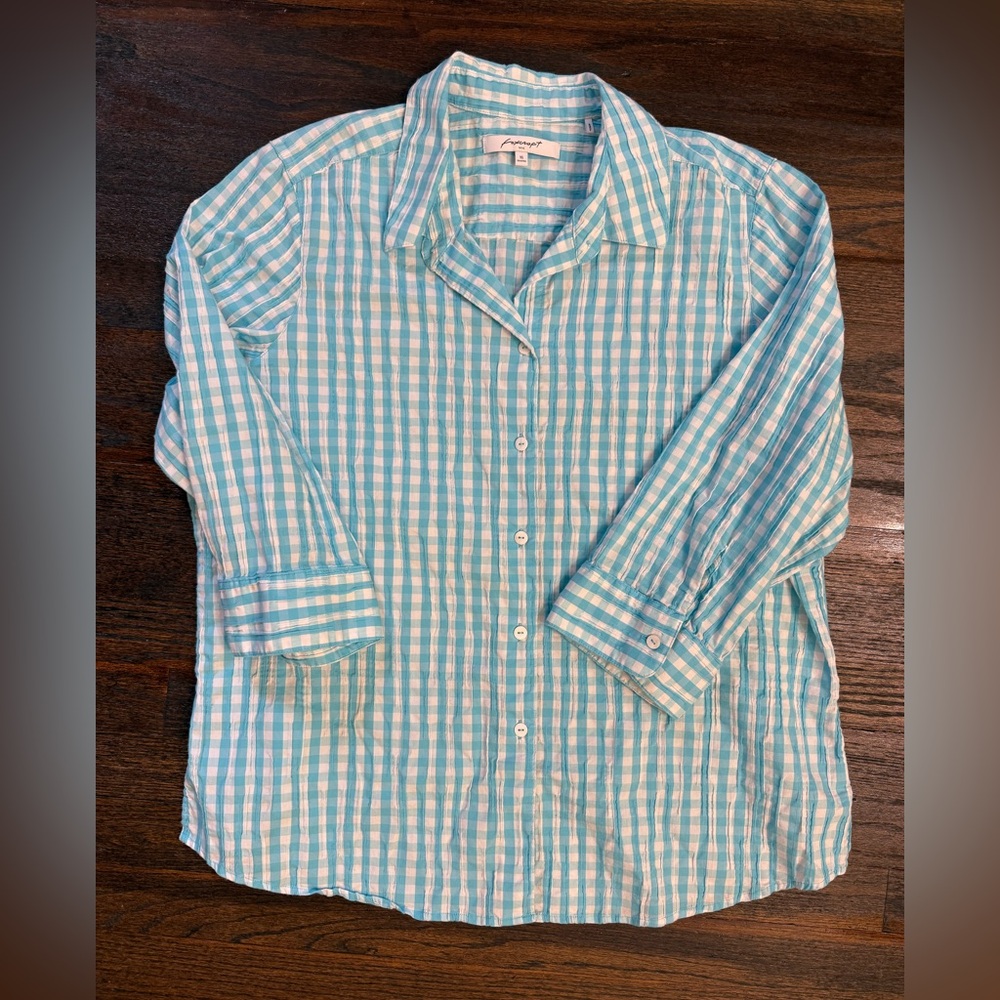Foxcroft Turquoise and White Plaid Shirt 16
